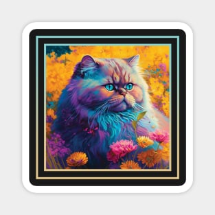 Voluptuous Persian Cat Vibrant Tropical Flower Digital Oil Painting Pet Portrait Magnet