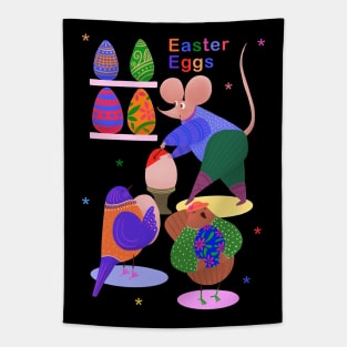 Cute mouse decorating easter eggs for cute birds, version 4 Tapestry