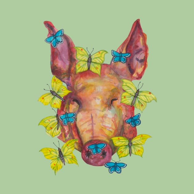 Pink pig head and yellow  blue butterflies by deadblackpony