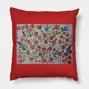 Hummingbirds on Red Roses Pillow