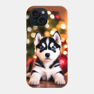 Tiny Husky Puppy Dog by Christmas Tree Phone Case