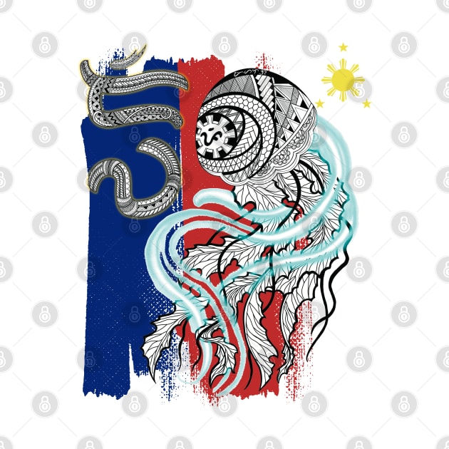 Philippine Flag-Tribal line Art Jellyfish / Baybayin word Diwa (Consciousness) by Pirma Pinas