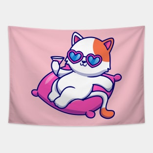 Cute Cat Chill On Pillow With Juice Cartoon Tapestry