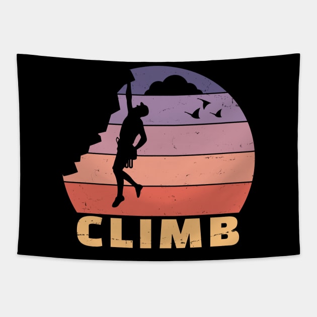 Retro Sunset Climber | Rock Climbing & Bouldering Tapestry by shirtonaut