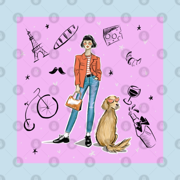 My Dog and Me in Chic Orange Glasses (Paris Background) by Ji Illustrator