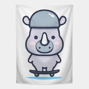 Kawaii Cute Rhino on a Skateboard Tapestry