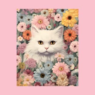 Blooming Beauty: A Whimsical Long-Haired Cat Embraced by Floral Delights T-Shirt