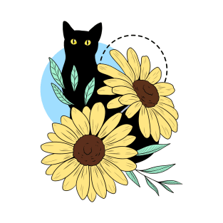 Black Cat With Sunflowers T-Shirt