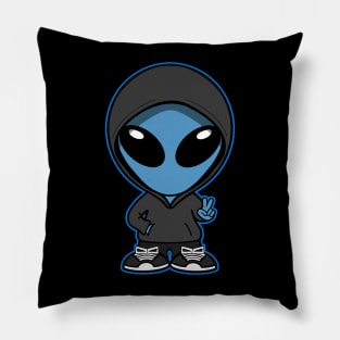 Hooded Space Alien Peace Hand Sign Blue Pillow