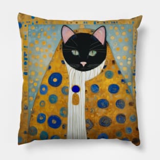 Klimt Black Cat with Green Eyes and Warm Shawl Pillow