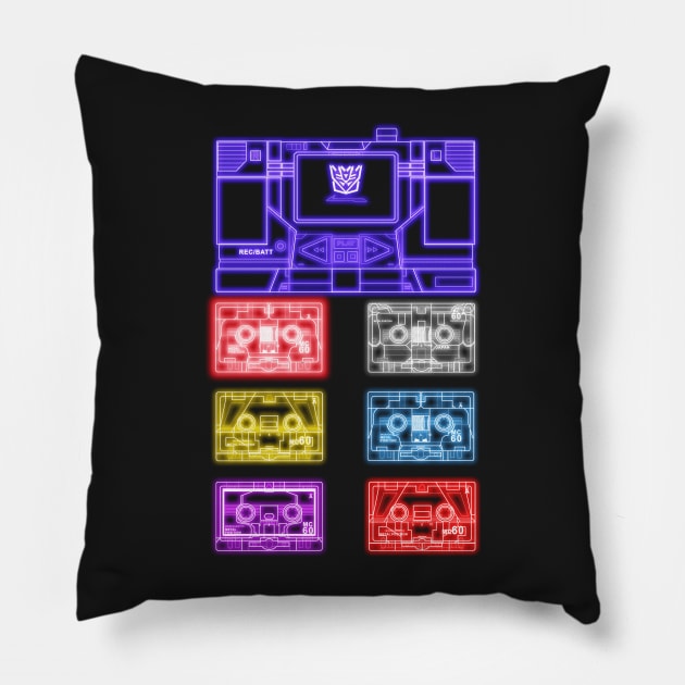 Masterpiece Soundwave and Cassettes Multicolour tron effect Pillow by Draconis130