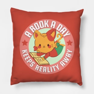 A book a day keeps reality away - cute cat reading book Pillow