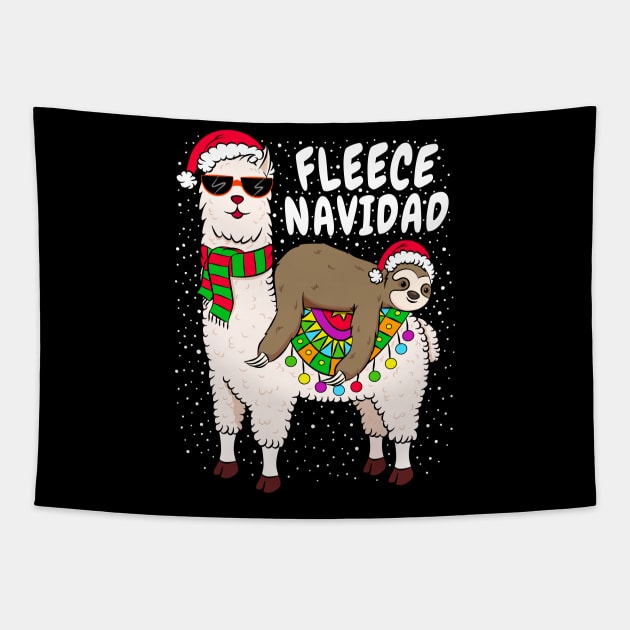 Fleece Feliz Navidad Sloth Riding Llama Spanish  Christmas Tapestry by silentsoularts
