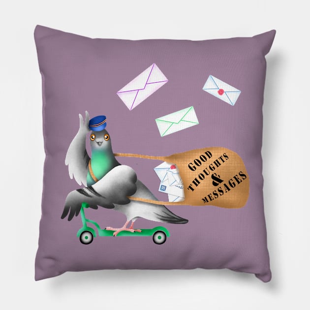 Pigeon Express (Mauve Background) Pillow by illucalliart