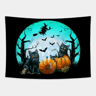 Back Cat And Pumpkin in The Moon Halloween Tapestry