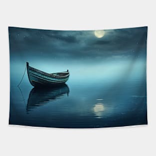 Tranquil Water Boat Serene Landscape Tapestry