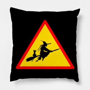 Road Sign Warning About Witches on Broomsticks Pillow