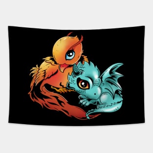 Rising Flames: A Baby Phoenix and Dragon Design Tapestry