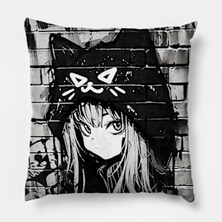 Kawaii Aesthetic Black And White Nekomimi Anime Cat Girl Graffiti Art Style Pillow