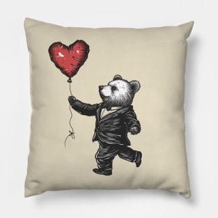 Charming Valentine Victorian: Cute Bear in Dapper Suit Holding Heart-Shaped Balloon Pillow