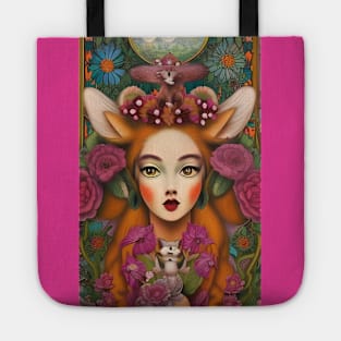 Fantasy Fox Goddess with crown of flowers holding a chipmunk. Tote