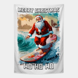 Funny Santa Claus surfing in the summer pop art illustration Tapestry