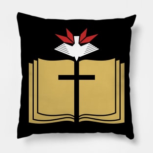 The cross of Jesus against the background of an open bible, on top is a dove - a symbol of the Spirit. Pillow