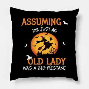 Old Lady Witch Broomstick Black Cat Bats Spider. Pillow