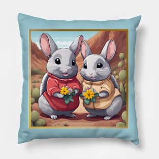 Cute Chinchilla Couple Holding Flowers in the Dessert Pillow