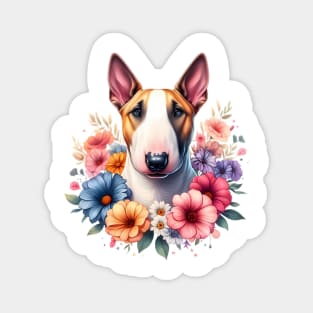 A bull terrier with beautiful colorful flowers Magnet