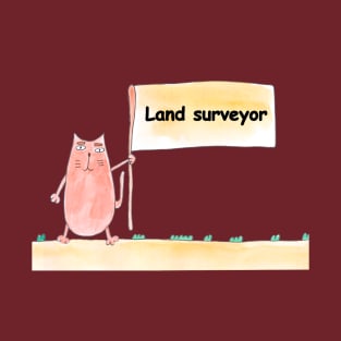 Land surveyor. Profession, work, job. Cat shows a banner with the inscription. Watercolor illustration. A gift for a professional. T-Shirt