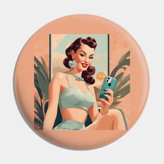 Beachy Summer Vintage Selfie Phone Pin Up Girl Pin by di-age7