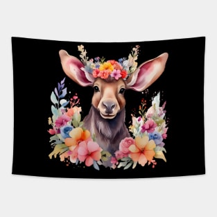 A moose decorated with beautiful watercolor flowers Tapestry