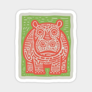 Red and Green Hippo Linocut Art - Playful Nursery Decor Magnet