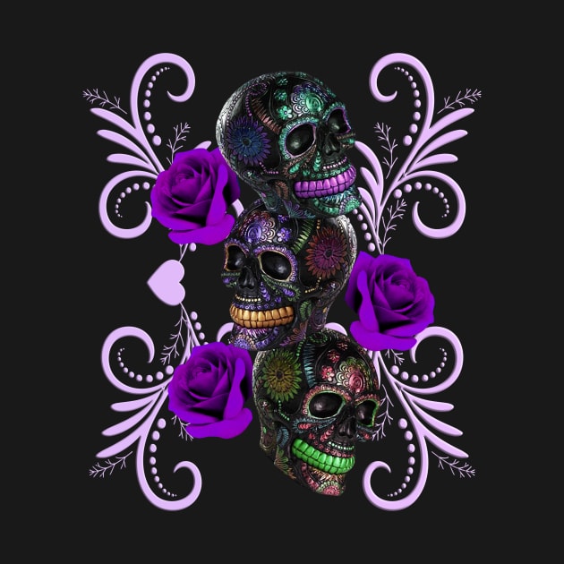 Triple Black Day Of The Dead Skulls Purple Roses by Atteestude