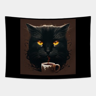 Black Cat Drinking Coffee, Coffee Cat Lover Tapestry