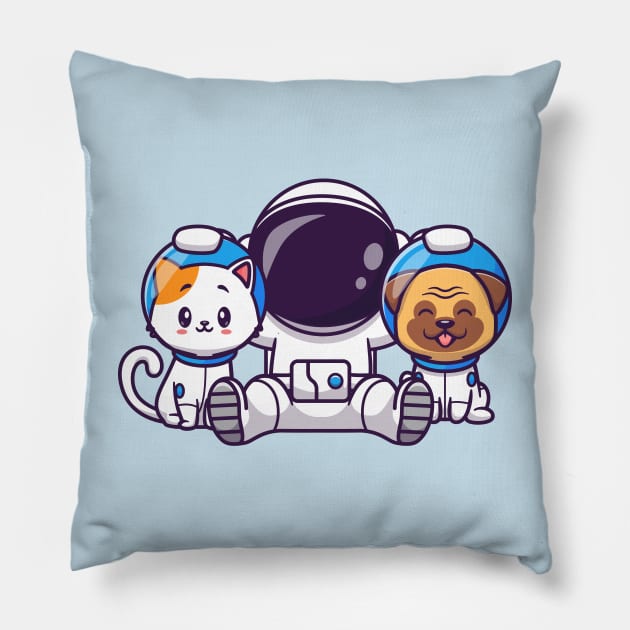 Cute Astronaut With Cat And Pug Dog Cartoon Pillow by Catalyst Labs