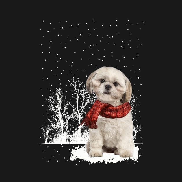 Christmas Shih Tzu With Scarf In Winter Forest by Mhoon 