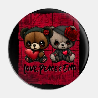 Love, Peace and Emo Cute Teddy bears With Hearts Pin