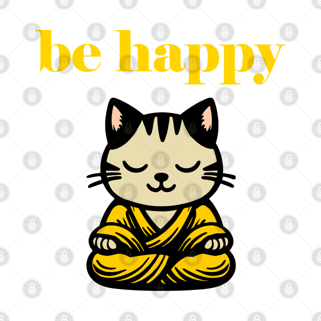 Cute Be Happy Meditating Cartoon Monk Cat by Elvdant