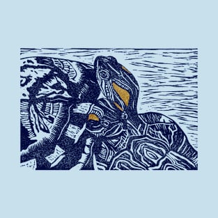 Pet Turtles Friends Linocut (blue/gold) T-Shirt