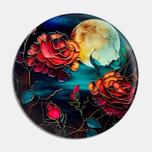 Red Roses Digital Art Stained Glass Pin