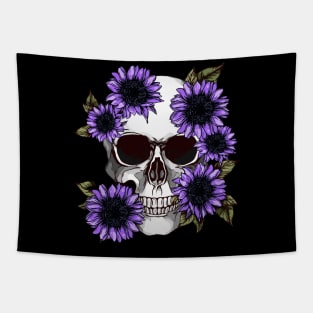 floral skull, cool skull, violet sunflowers skull mask face Tapestry