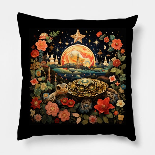 Surrealistic Folk Art Dark Floral Motif Turtle Design Pillow by The Little Store Of Magic