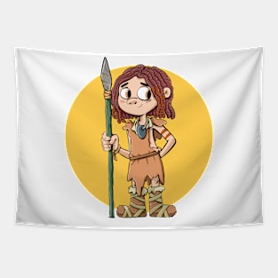 Prehistoric hunter boy with spear in hand Tapestry