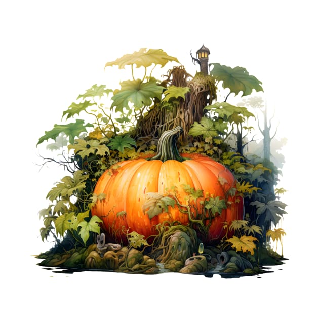 A Big Pumpkin In Forest Vibrant Watercolor Illustration of Autumn by theworthyquote