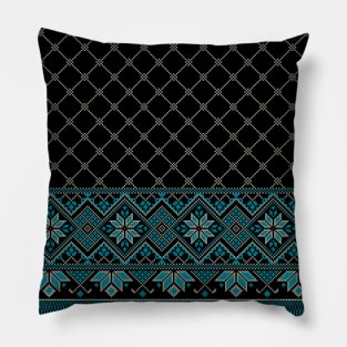 Palestinian Arabic Kufiya Keffiyeh or also called Hatta Traditional Pattern with Tatreez Embroidery Art Design Blue Cream on Navy Pillow