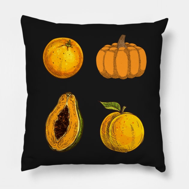 Pack of Fruits Stickers - Pumpkin, Orange, Papaya And Peach Pillow by gronly