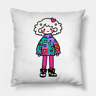 Sweet girl in  sweater with heart shape pattern Pillow