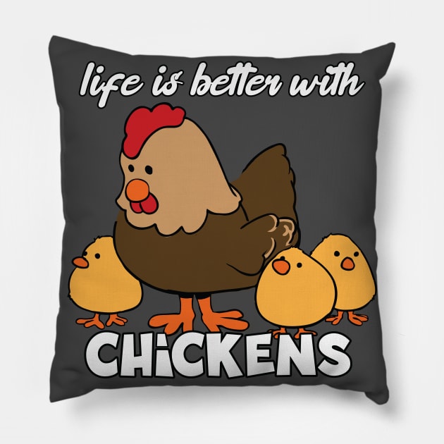 Life Is Better with Chickens Cartoon Funny Hen Black Pillow by Dad n Son Designs